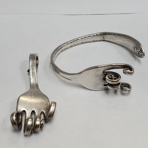 Handmade Sterling Silver Fork Bracelet and Pendant Set. 1970'S